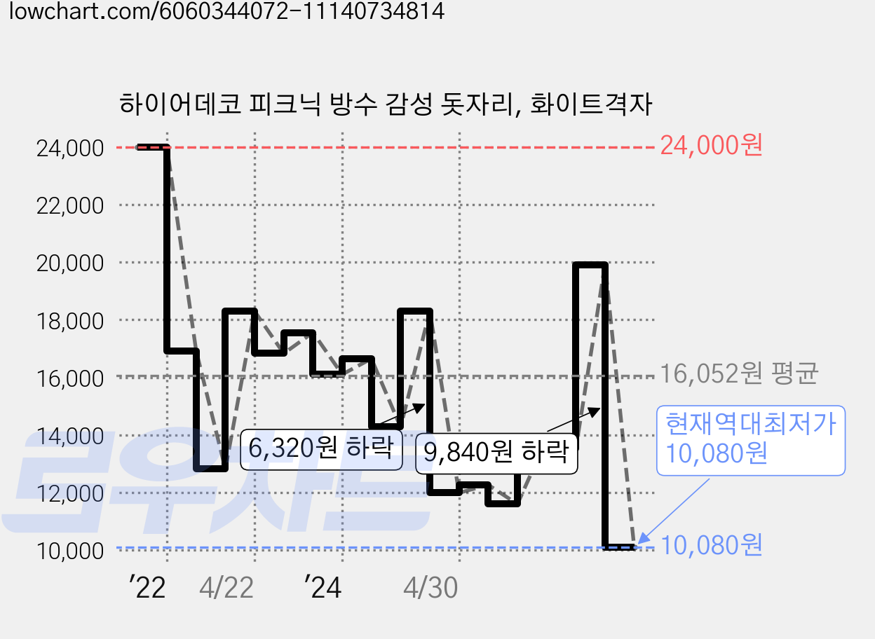 하이어데코 피크닉 방수 감성 돗자리, 화이트격자 가격 변동 차트, 현재가 10,080원, 역대최저가