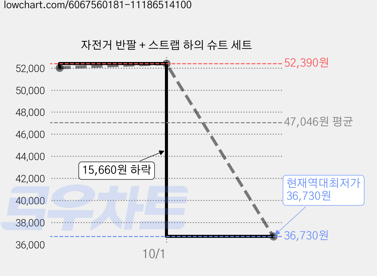 자전거 반팔 + 스트랩 하의 슈트 세트 가격 변동 차트, 현재가 36,730원, 역대최저가