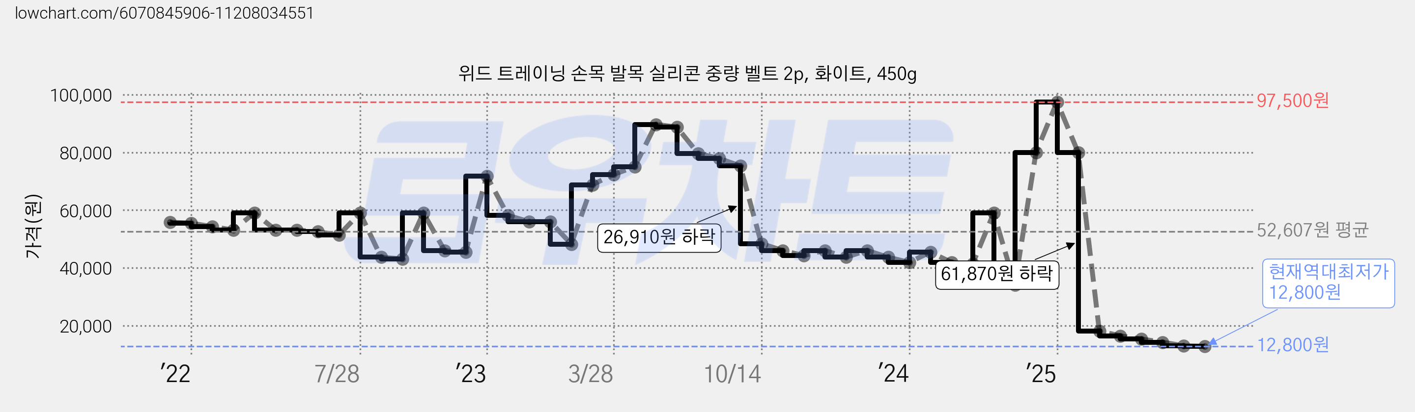 위드 트레이닝 손목 발목 실리콘 중량 벨트 2p, 화이트, 450g 가격 변동 차트, 현재가 12,800원, 역대최저가