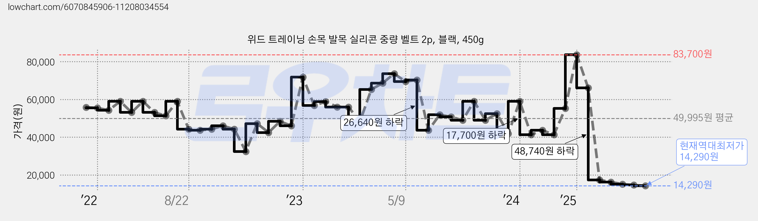 위드 트레이닝 손목 발목 실리콘 중량 벨트 2p, 블랙, 450g 가격 변동 차트, 현재가 14,290원, 역대최저가