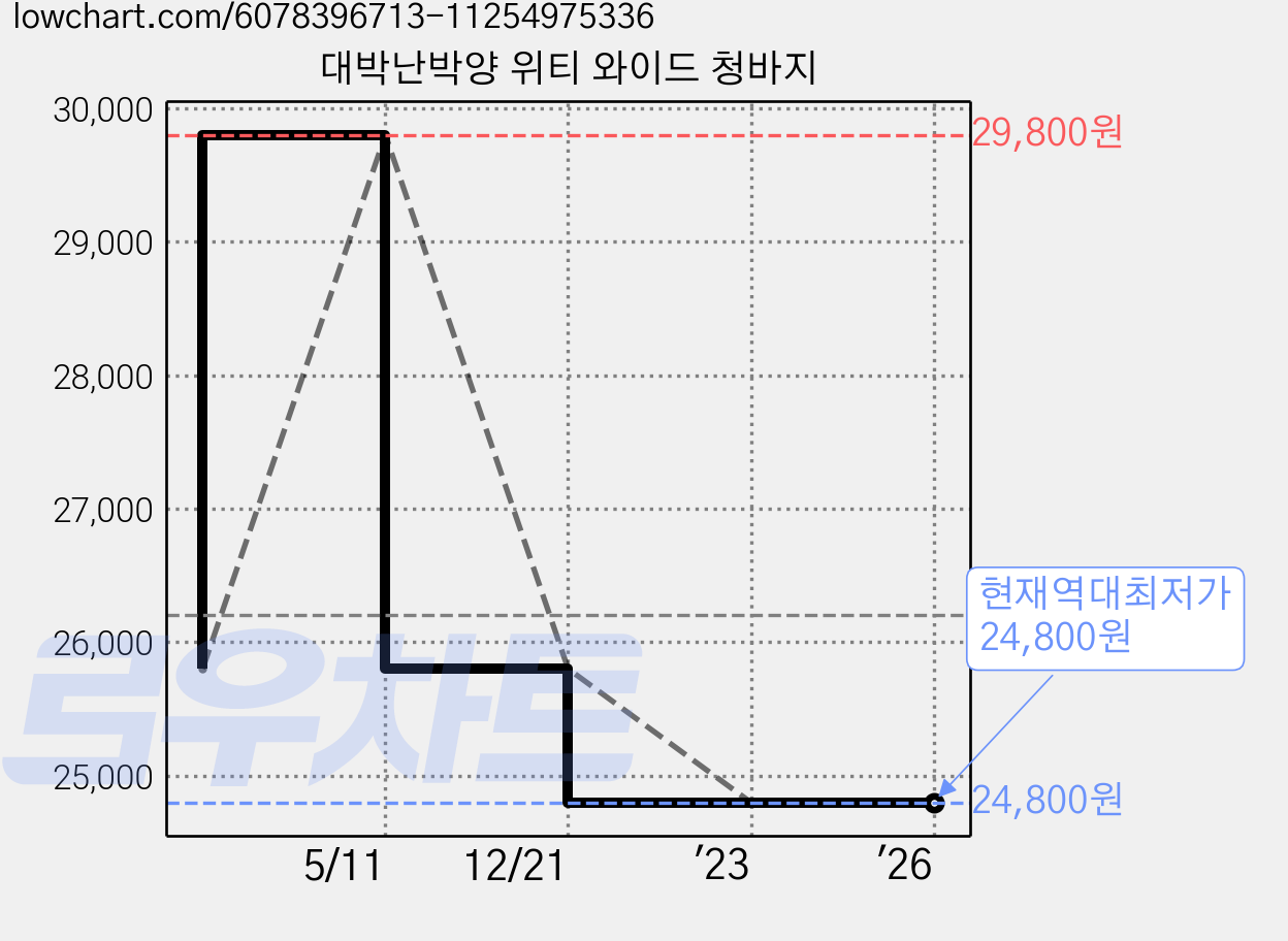 대박난박양 위티 와이드 청바지 가격 변동 차트, 현재가 24,800원, 역대최저가