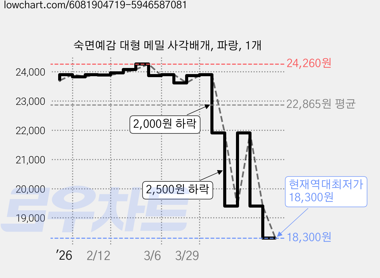 숙면예감 대형 메밀 사각배개, 파랑, 1개 가격 변동 차트, 현재가 18,300원, 역대최저가