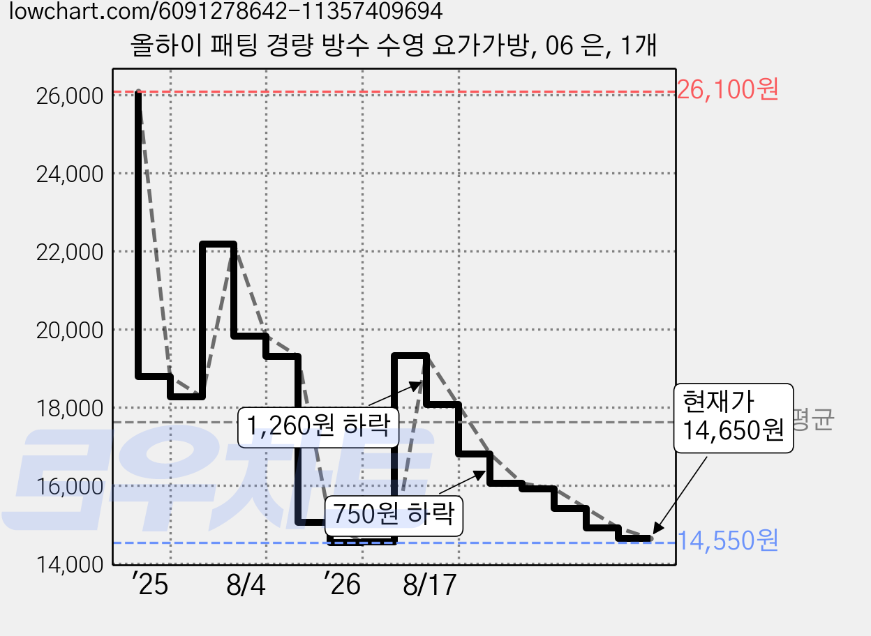 올하이 패팅 경량 방수 수영 요가가방, 06 은, 1개 가격 변동 차트, 현재가 14,650원, 관측 최저가 14,550원