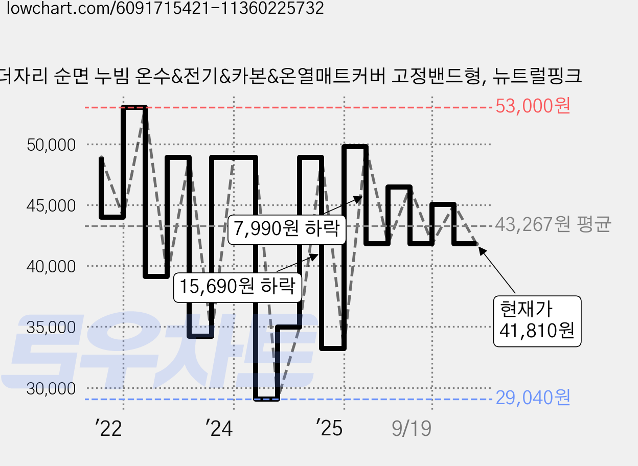 더자리 순면 누빔 온수&전기&카본&온열매트커버 고정밴드형, 뉴트럴핑크 가격 변동 차트, 현재가 41,810원, 관측 최저가 29,040원