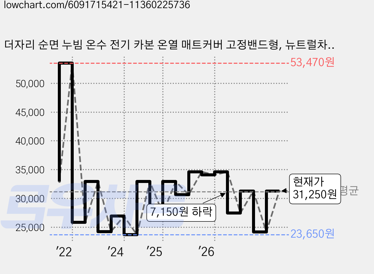 더자리 순면 누빔 온수 전기 카본 온열 매트커버 고정밴드형, 뉴트럴차콜그레이 가격 변동 차트, 현재가 31,250원, 관측 최저가 23,650원