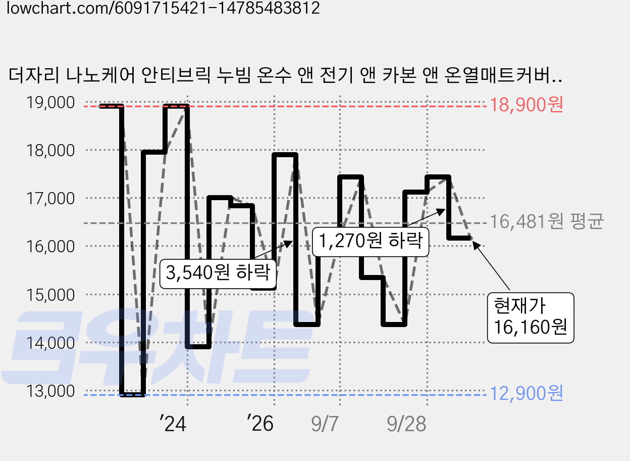 더자리 나노케어 안티브릭 누빔 온수 앤 전기 앤 카본 앤 온열매트커버 고정밴드형, 브리앤그레이 가격 변동 차트, 현재가 16,160원, 관측 최저가 12,860원