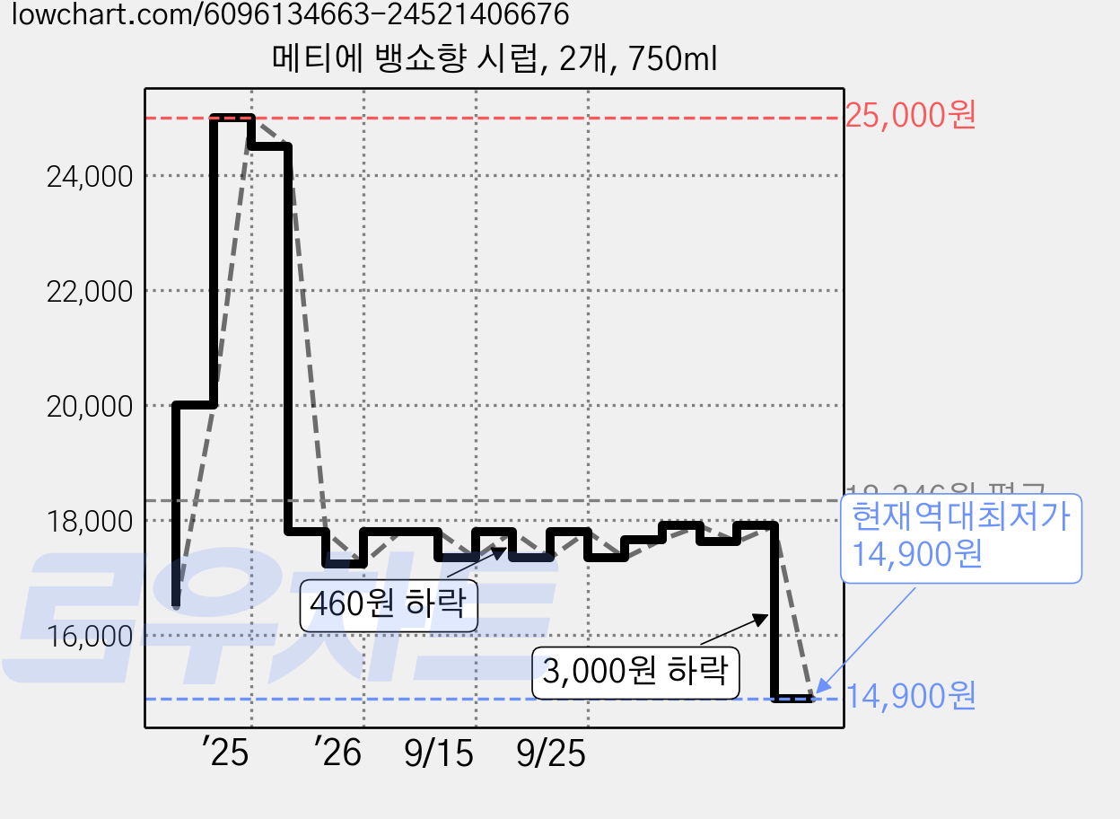 메티에 뱅쇼향 시럽, 2개, 750ml 가격 변동 차트, 현재가 14,900원, 역대최저가