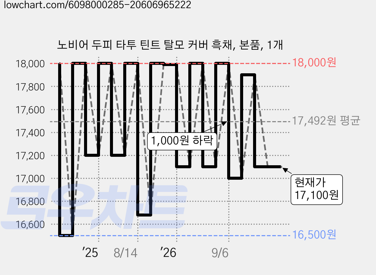 노비어 두피 타투 틴트 탈모 커버 흑채, 본품, 1개 가격 변동 차트, 현재가 17,100원, 관측 최저가 16,500원