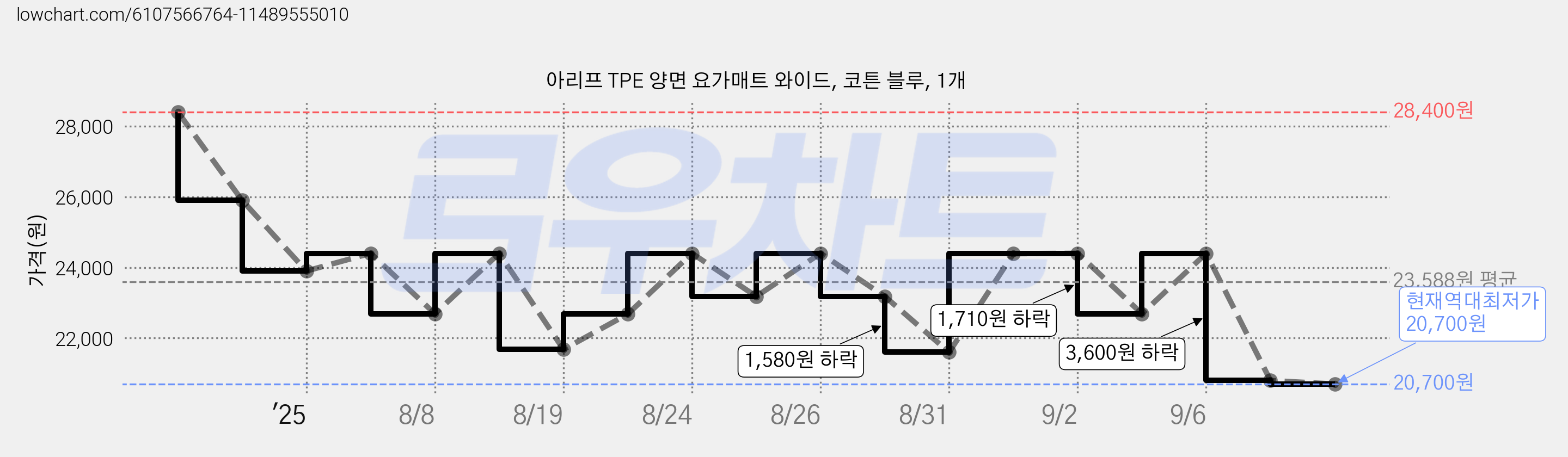 아리프 TPE 양면 요가매트 와이드, 코튼 블루, 1개 가격 변동 차트, 현재가 20,700원, 역대최저가