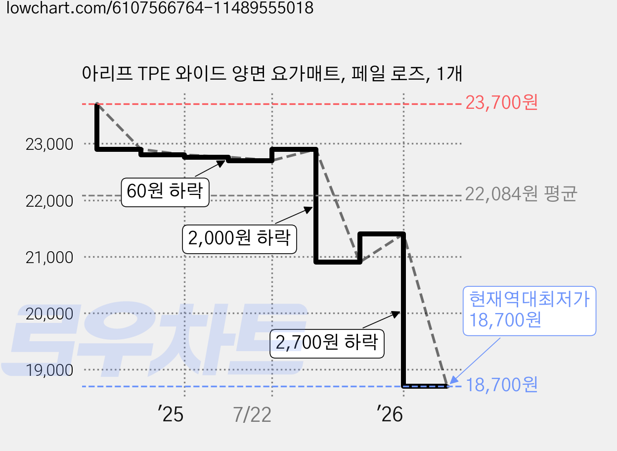 아리프 TPE 와이드 양면 요가매트, 페일 로즈, 1개 가격 변동 차트, 현재가 18,700원, 역대최저가
