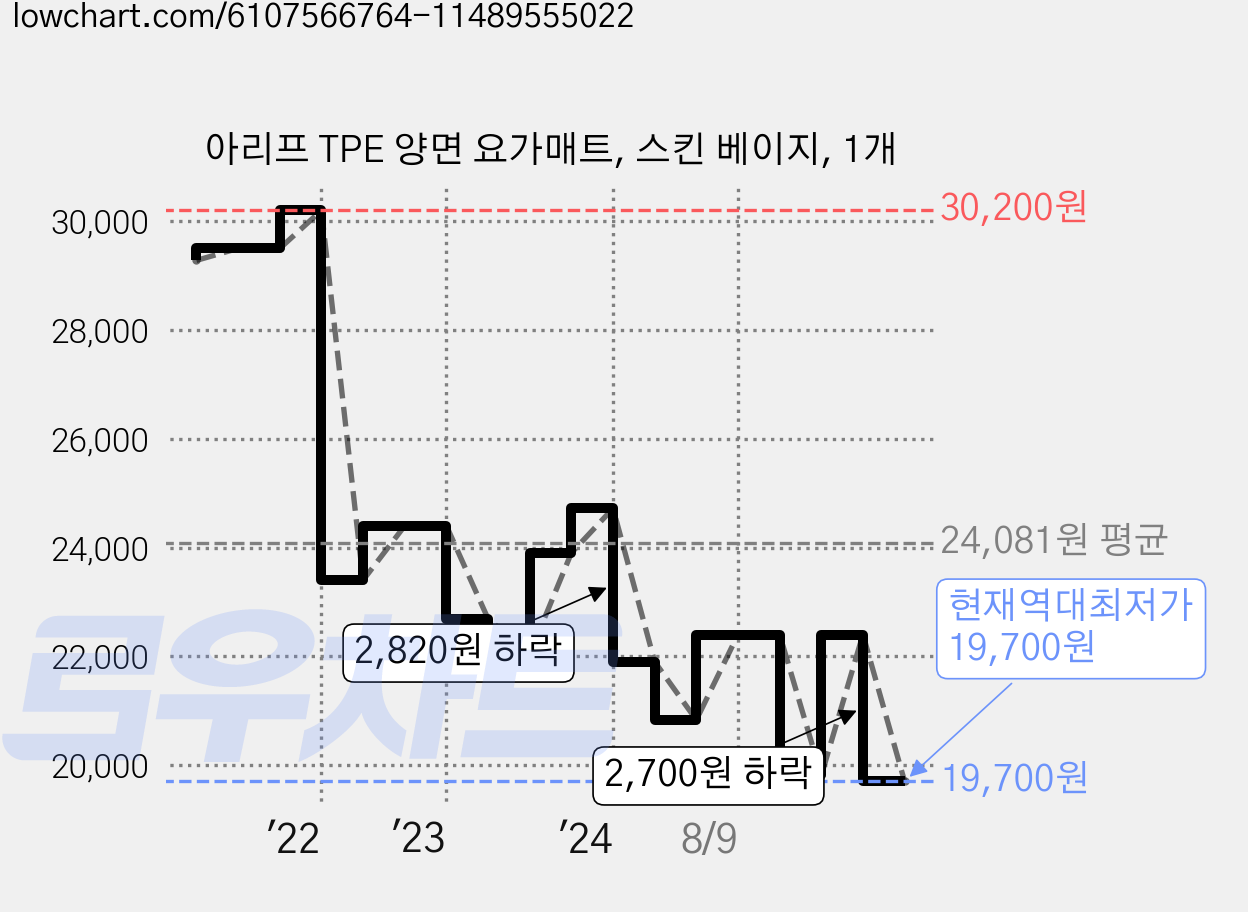 아리프 TPE 양면 요가매트, 스킨 베이지, 1개 가격 변동 차트, 현재가 19,700원, 역대최저가