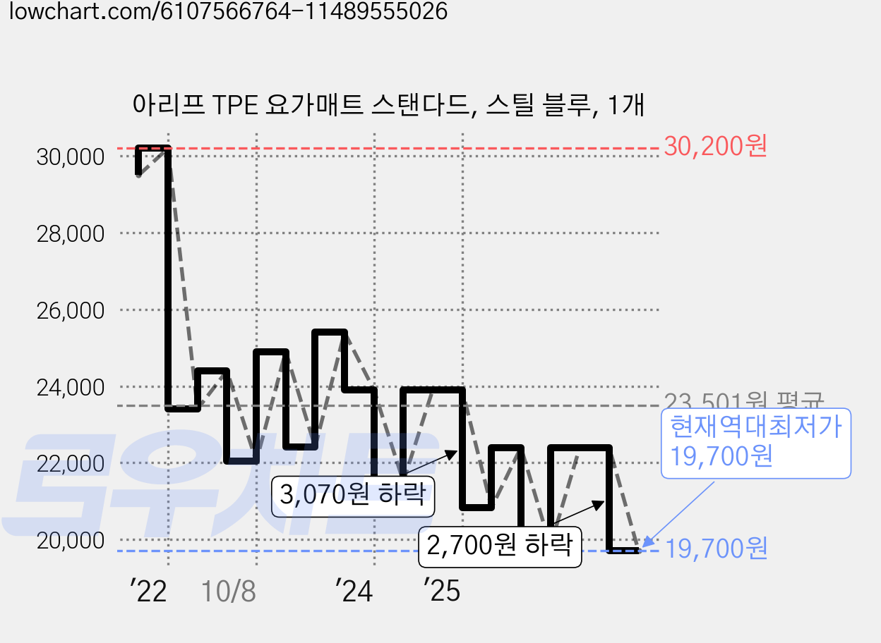아리프 TPE 요가매트 스탠다드, 스틸 블루, 1개 가격 변동 차트, 현재가 19,700원, 역대최저가