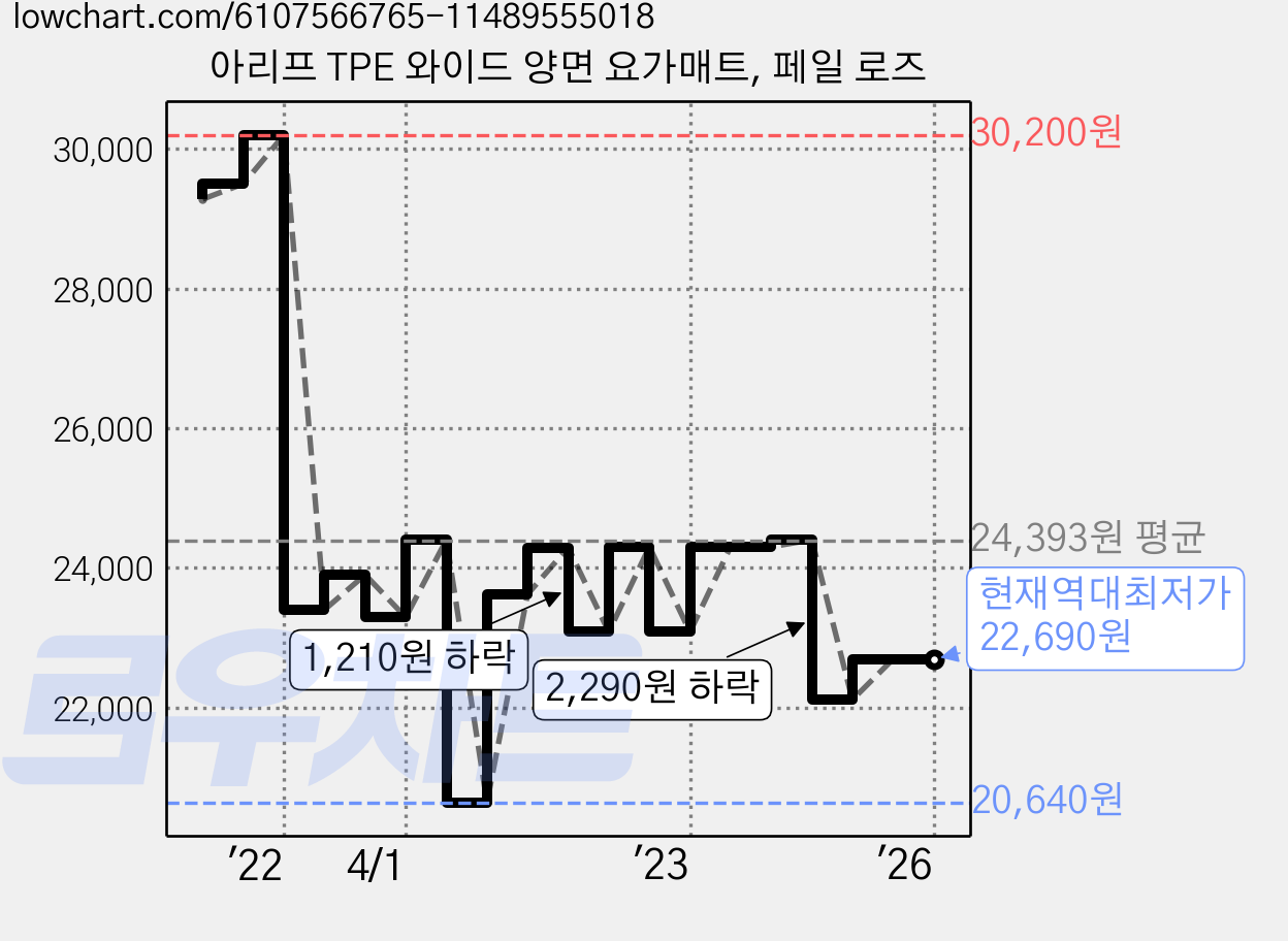 아리프 TPE 와이드 양면 요가매트, 페일 로즈 가격 변동 차트, 현재가 22,690원, 역대최저가