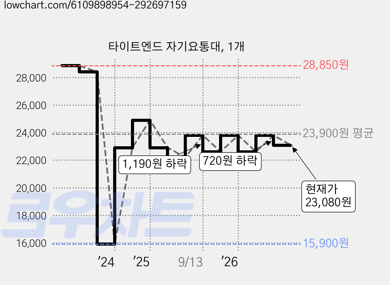 타이트엔드 자기요통대, 1개 가격 변동 차트, 현재가 23,080원, 관측 최저가 15,900원