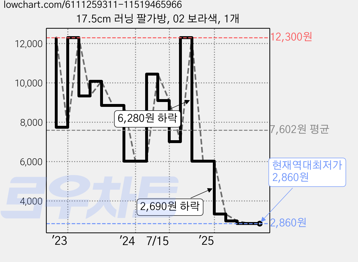 17.5cm 러닝 팔가방, 02 보라색, 1개 가격 변동 차트, 현재가 2,860원, 역대최저가