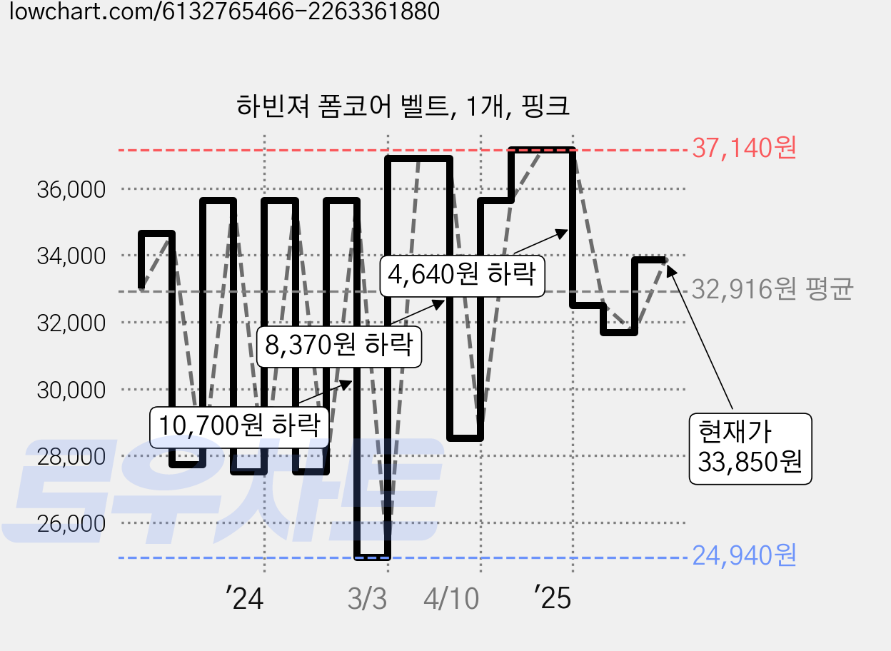 하빈져 폼코어 벨트, 1개, 핑크 가격 변동 차트, 현재가 33,850원, 관측 최저가 24,940원