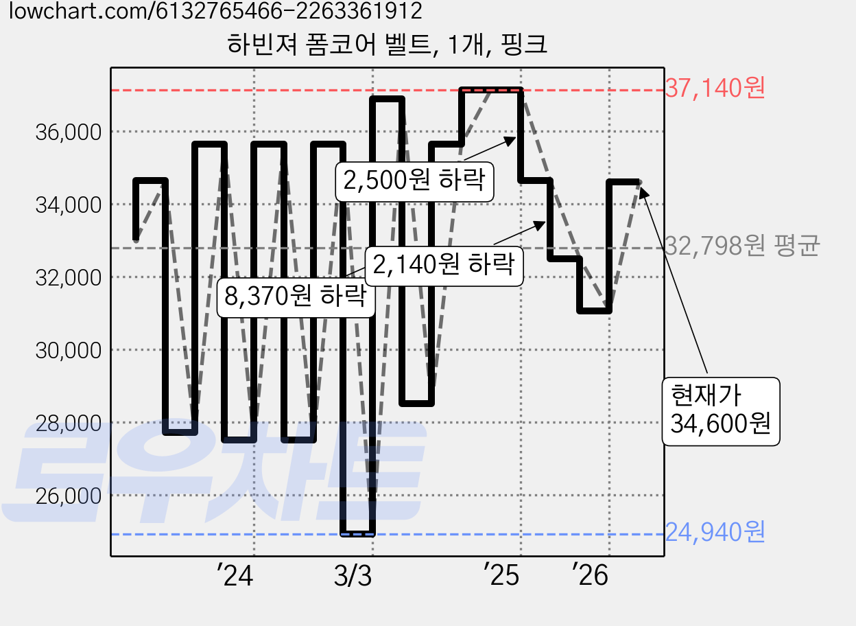 하빈져 폼코어 벨트, 1개, 핑크 가격 변동 차트, 현재가 34,600원, 역대최저가