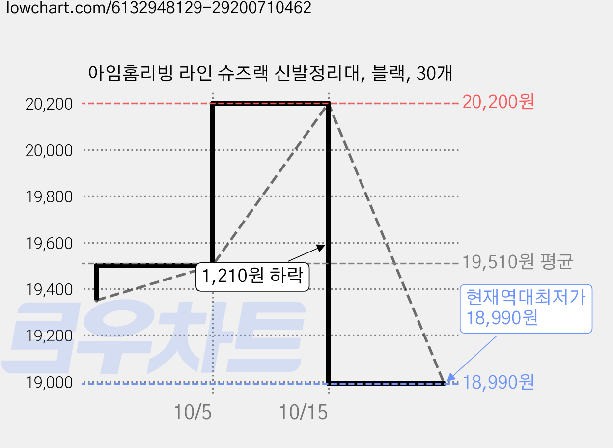 아임홈리빙 라인 슈즈랙 신발정리대, 블랙, 30개 가격 변동 차트, 현재가 18,990원, 역대최저가