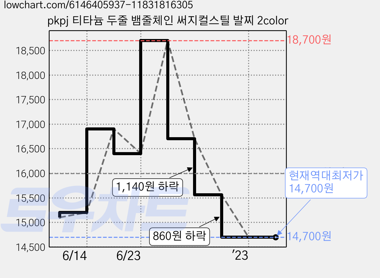 pkpj 티타늄 두줄 뱀줄체인 써지컬스틸 발찌 2color 가격 변동 차트, 현재가 14,700원, 역대최저가