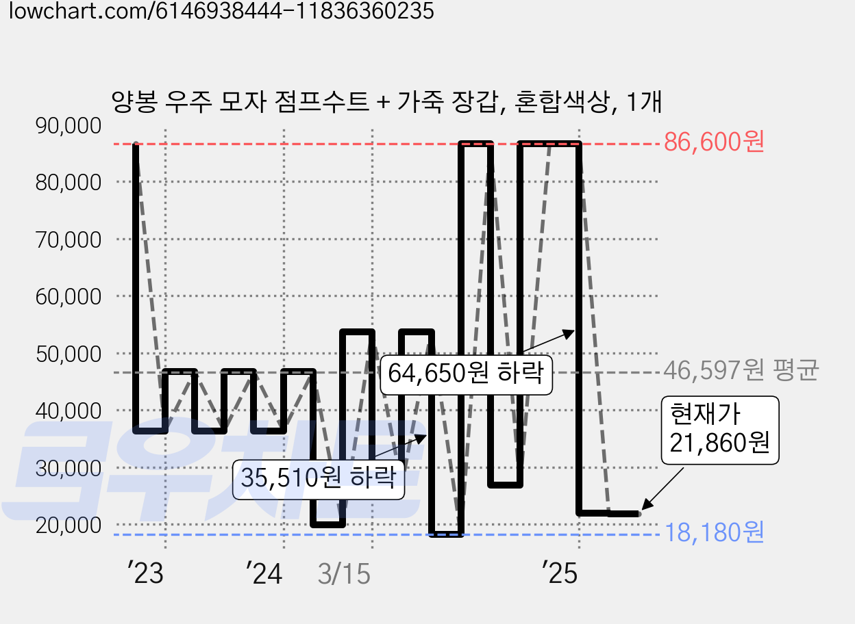 양봉 우주 모자 점프수트 + 가죽 장갑, 혼합색상, 1개 가격 변동 차트, 현재가 21,860원, 관측 최저가 18,180원