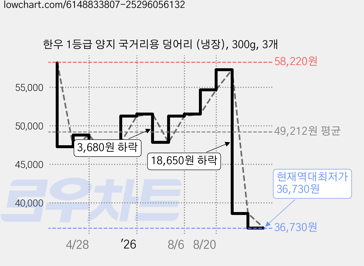 한우 1등급 양지 국거리용 덩어리 (냉장), 300g, 3개 가격 변동 차트, 현재가 36,730원, 역대최저가