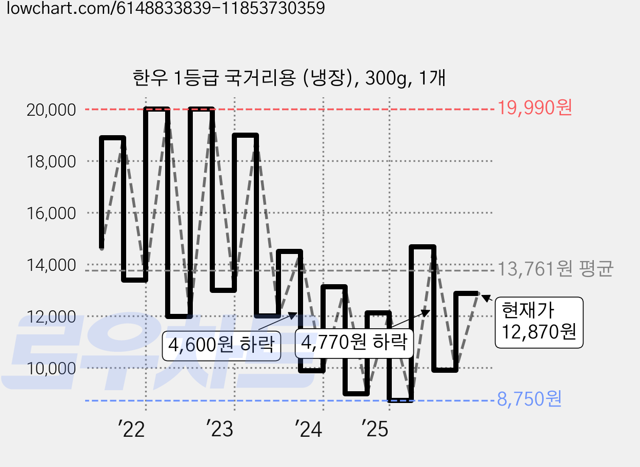 한우 1등급 국거리용 (냉장), 300g, 1개 가격 변동 차트, 현재가 12,870원, 관측 최저가 7,900원