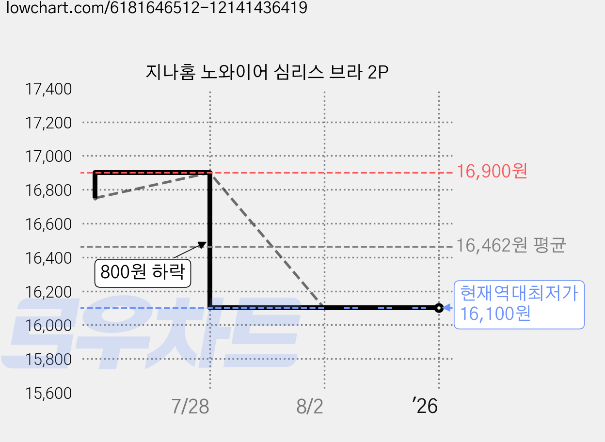 지나홈 노와이어 심리스 브라 2P 가격 변동 차트, 현재가 16,100원, 역대최저가