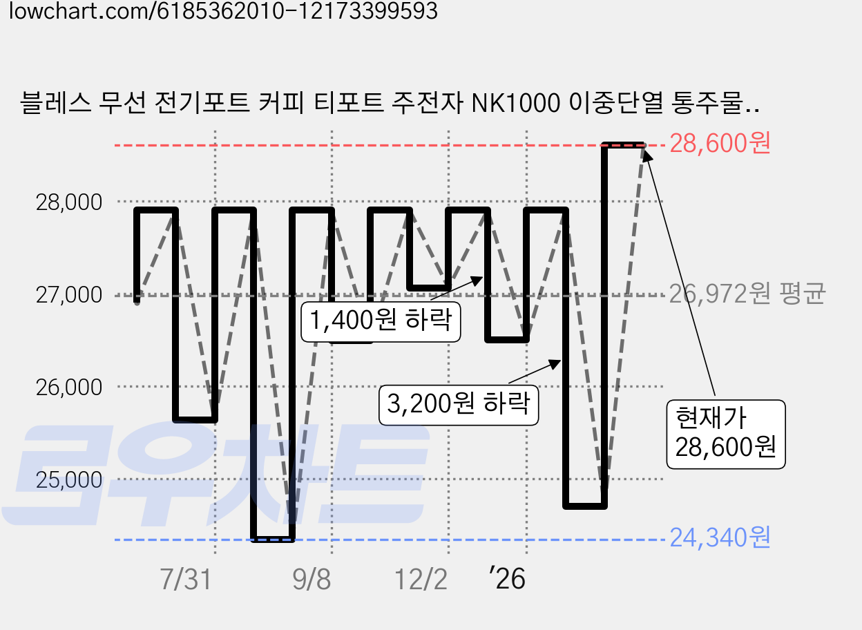 블레스 무선 전기포트 커피 티포트 주전자 NK1000 이중단열 통주물형, NK1000(블랙) 가격 변동 차트, 현재가 28,600원, 관측 최저가 24,340원