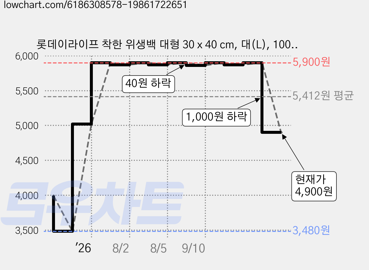 롯데이라이프 착한 위생백 대형 30 x 40 cm, 대(L), 100개입, 2개 가격 변동 차트, 현재가 4,900원, 관측 최저가 3,480원