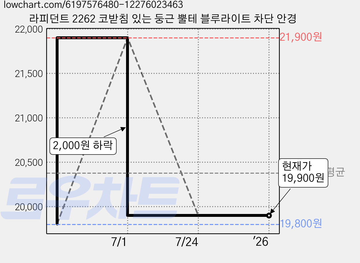 라피던트 2262 코받침 있는 둥근 뿔테 블루라이트 차단 안경 가격 변동 차트, 현재가 19,900원, 역대최저가