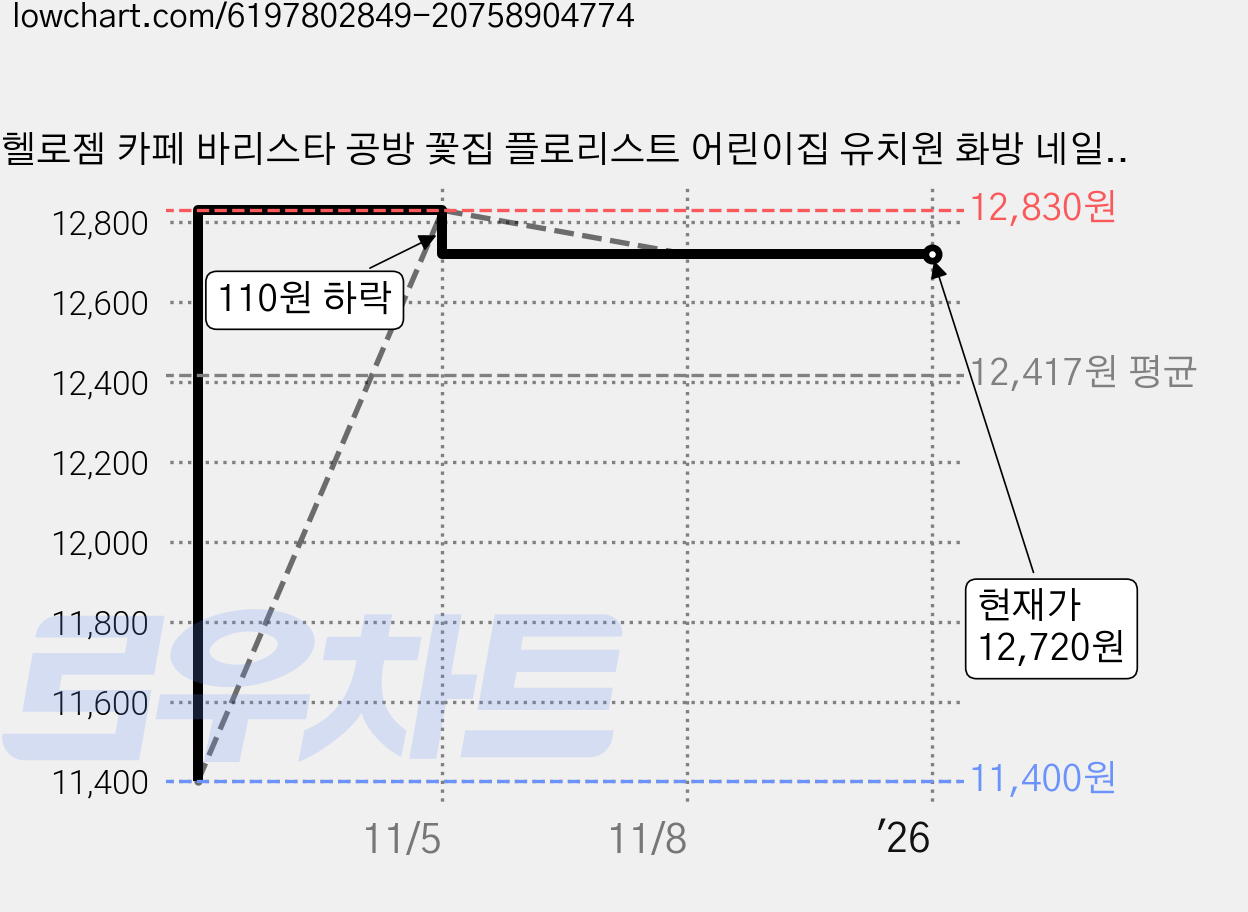 헬로젬 카페 바리스타 공방 꽃집 플로리스트 어린이집 유치원 화방 네일샵 미용실 음식점 프릴 리본 앞치마, E타입 레드, 1개 가격 변동 차트, 현재가 12,720원, 역대최저가