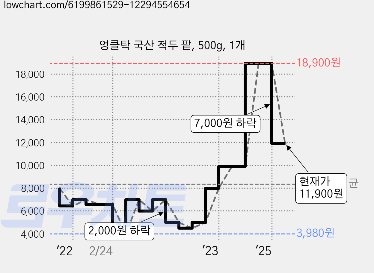 엉클탁 국산 적두 팥, 500g, 1개 가격 변동 차트, 현재가 11,900원, 관측 최저가 3,980원
