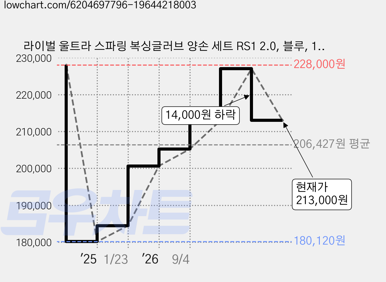 라이벌 울트라 스파링 복싱글러브 양손 세트 RS1 2.0, 블루, 1세트 가격 변동 차트, 현재가 213,000원, 관측 최저가 180,120원
