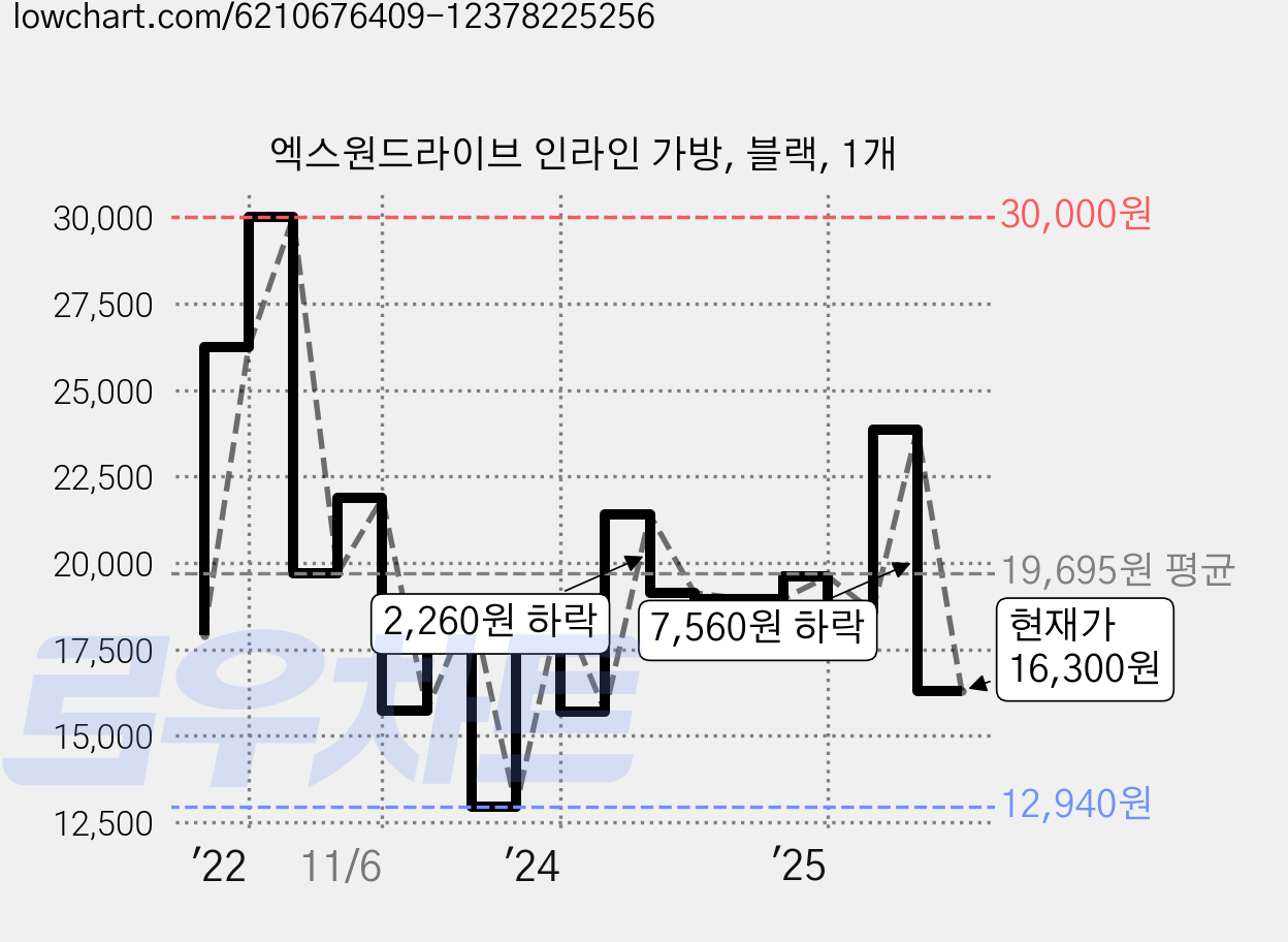 엑스원드라이브 인라인 가방, 블랙, 1개 가격 변동 차트, 현재가 16,300원, 관측 최저가 12,920원