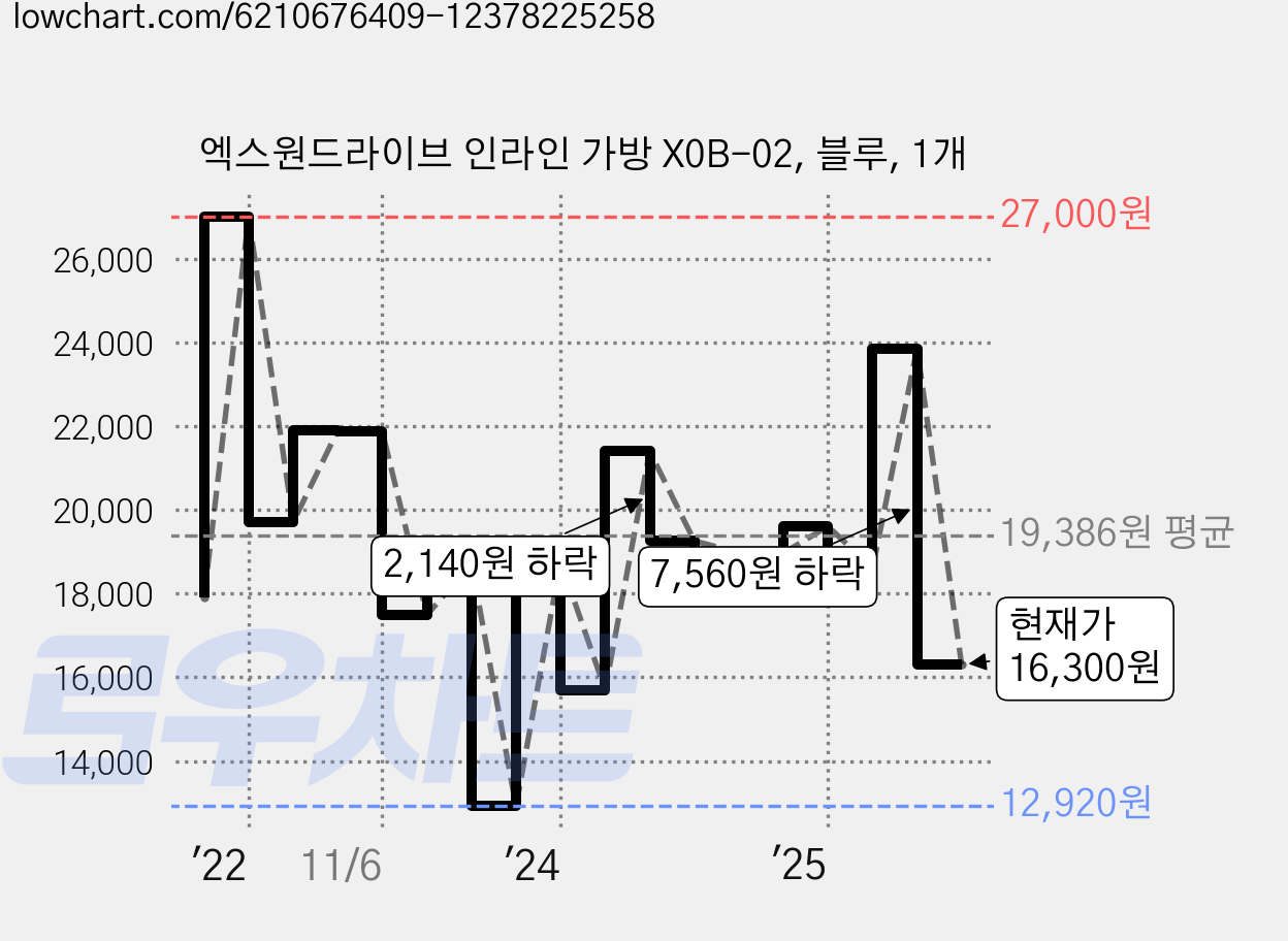 엑스원드라이브 인라인 가방 X0B-02, 블루, 1개 가격 변동 차트, 현재가 16,300원, 관측 최저가 12,920원