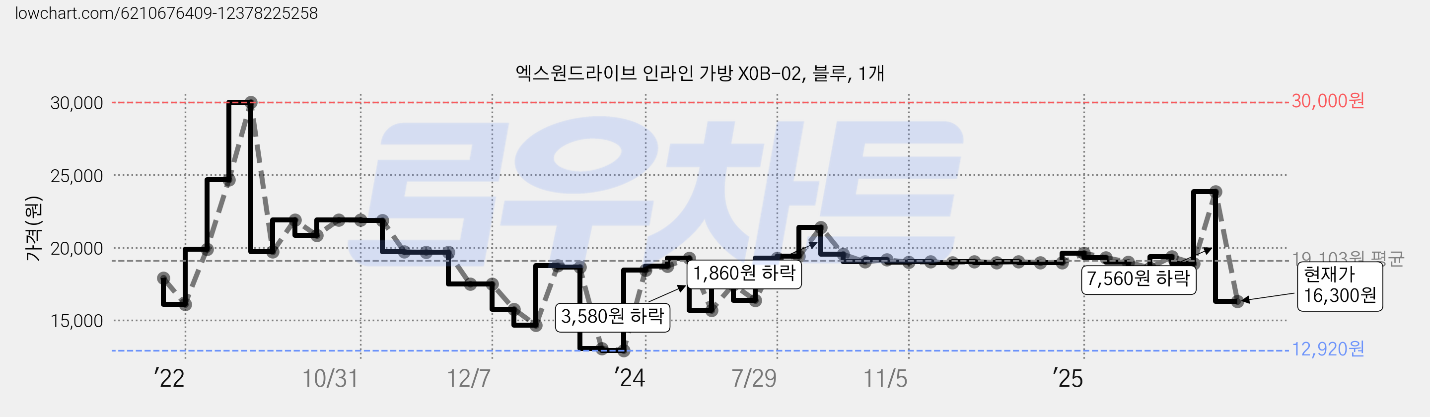 엑스원드라이브 인라인 가방 X0B-02, 블루, 1개 가격 변동 차트, 현재가 16,300원, 관측 최저가 12,920원