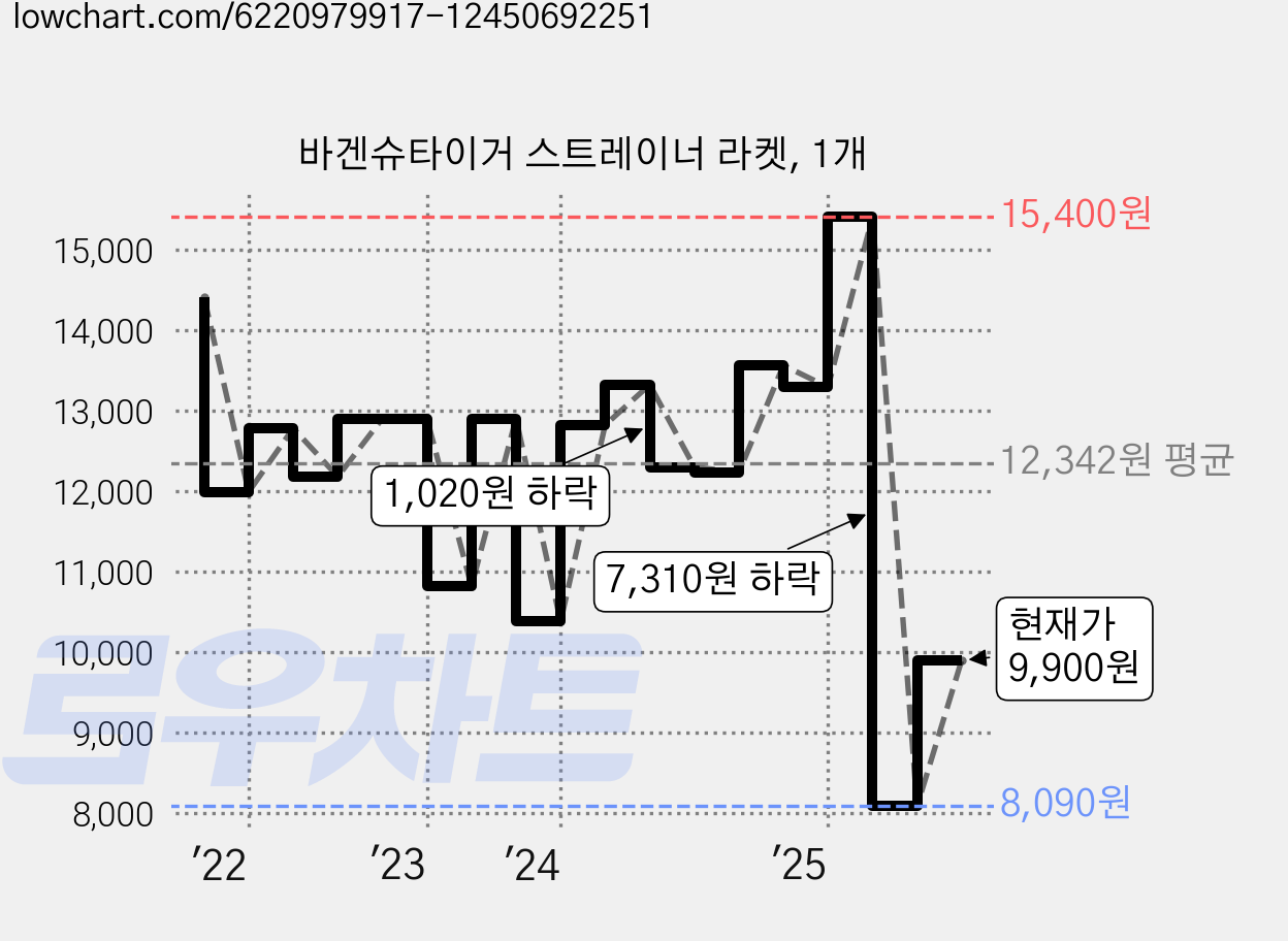 바겐슈타이거 스트레이너 라켓, 1개 가격 변동 차트, 현재가 9,900원, 관측 최저가 8,090원