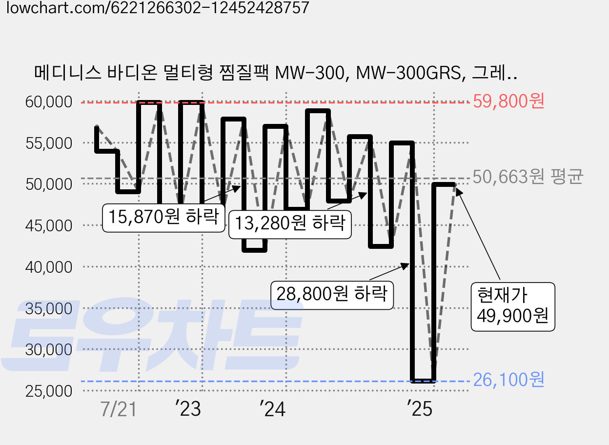 메디니스 바디온 멀티형 찜질팩 MW-300, MW-300GRS, 그레이 가격 변동 차트, 현재가 49,900원, 관측 최저가 26,100원