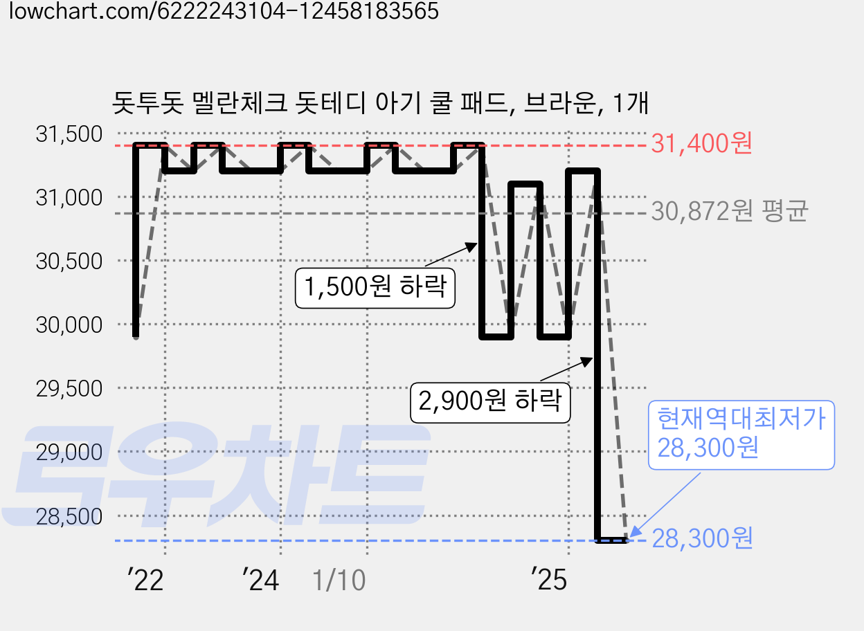 돗투돗 멜란체크 돗테디 아기 쿨 패드, 브라운, 1개 가격 변동 차트, 현재가 28,300원, 역대최저가