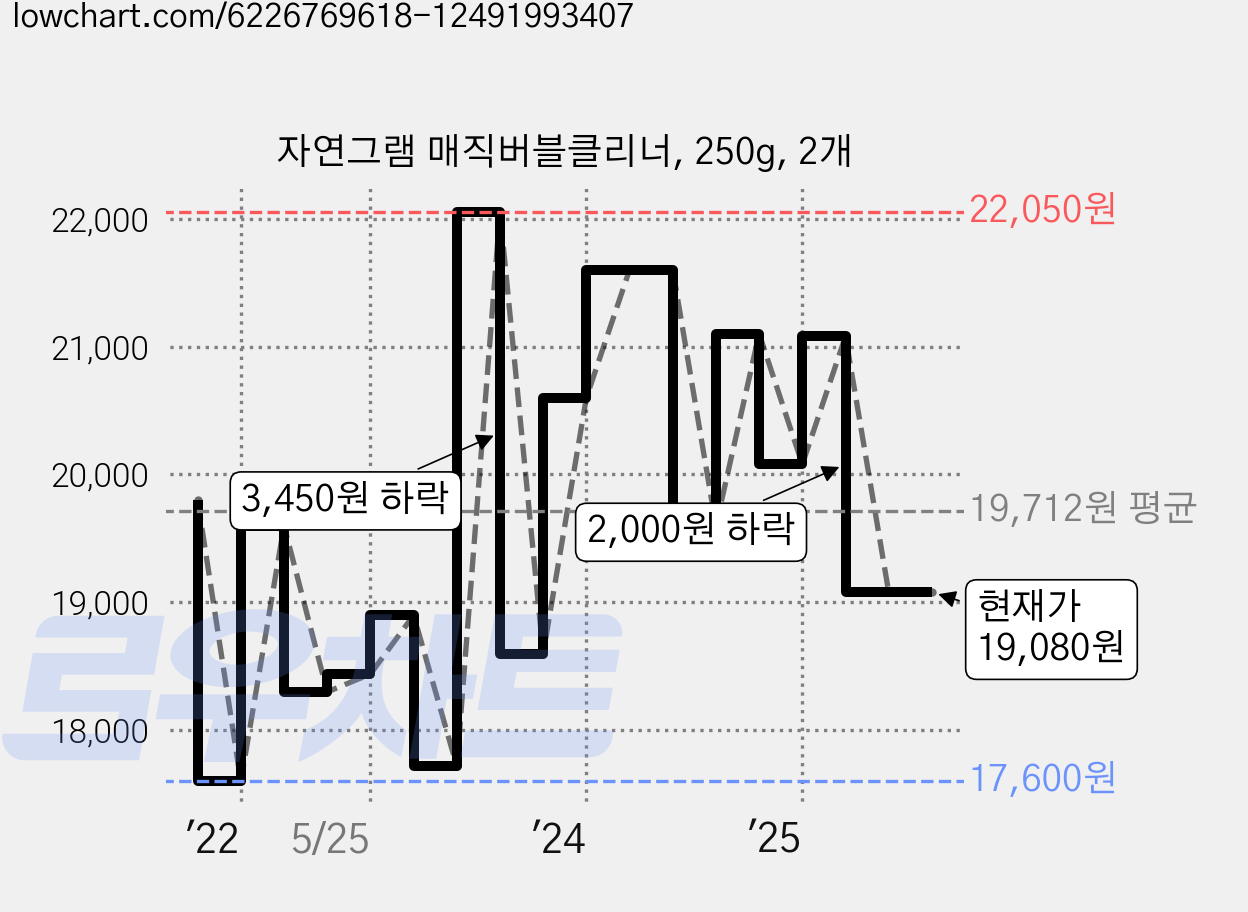 자연그램 매직버블클리너, 250g, 2개 가격 변동 차트, 현재가 19,080원, 관측 최저가 16,800원