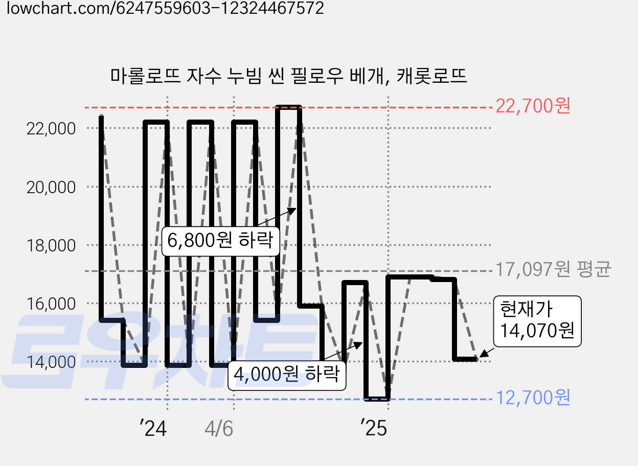 마롤로뜨 자수 누빔 씬 필로우 베개, 캐롯로뜨 가격 변동 차트, 현재가 14,070원, 관측 최저가 12,700원