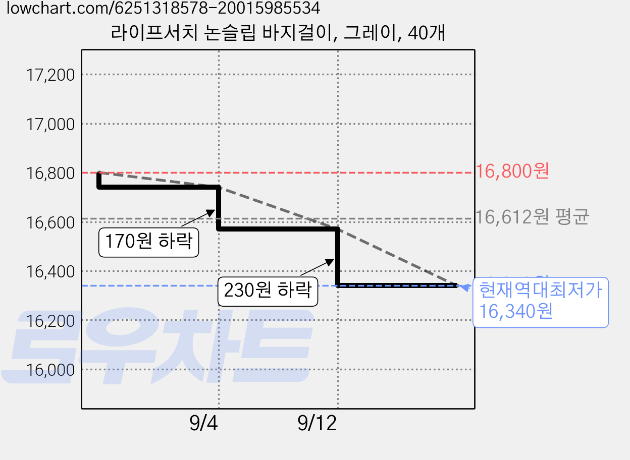 라이프서치 논슬립 바지걸이, 그레이, 40개 가격 변동 차트, 현재가 16,340원, 역대최저가