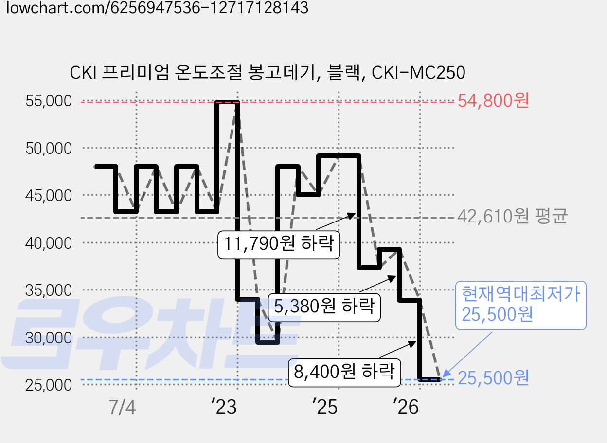 CKI 프리미엄 온도조절 봉고데기, 블랙, CKI-MC250 가격 변동 차트, 현재가 25,500원, 역대최저가