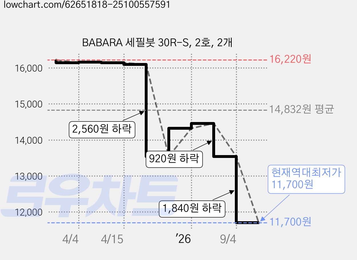 BABARA 세필붓 30R-S, 2호, 2개 가격 변동 차트, 현재가 11,700원, 역대최저가