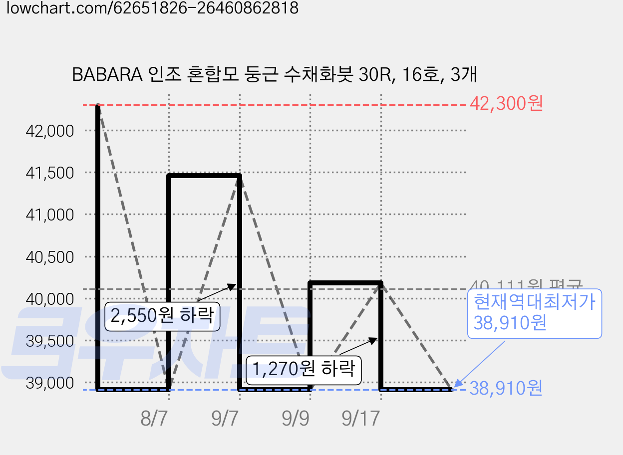 BABARA 인조 혼합모 둥근 수채화붓 30R, 16호, 3개 가격 변동 차트, 현재가 38,910원, 역대최저가