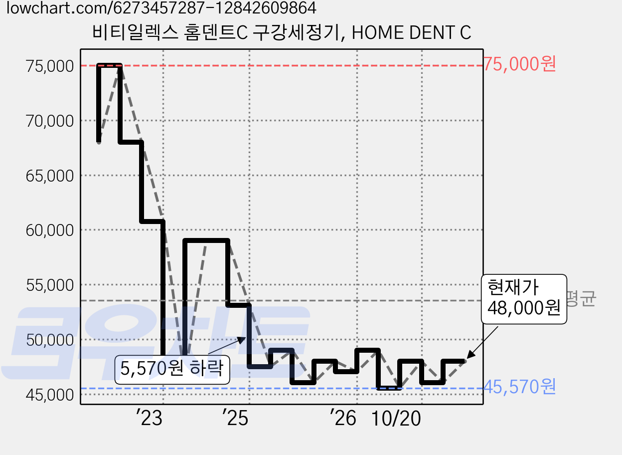 비티일렉스 홈덴트C 구강세정기, HOME DENT C 가격 변동 차트, 현재가 48,000원, 관측 최저가 45,570원