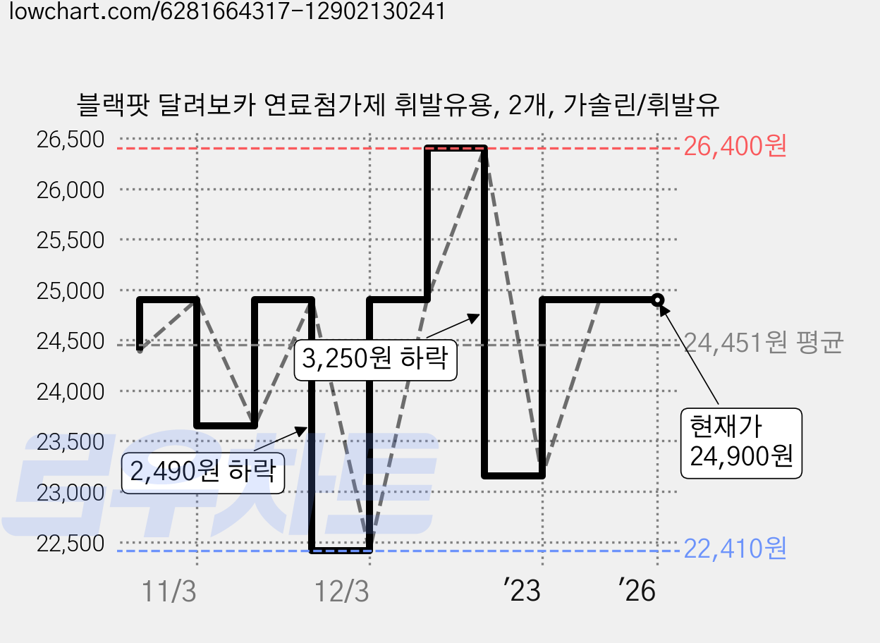 블랙팟 달려보카 연료첨가제 휘발유용, 2개, 가솔린/휘발유 가격 변동 차트, 현재가 24,900원, 역대최저가