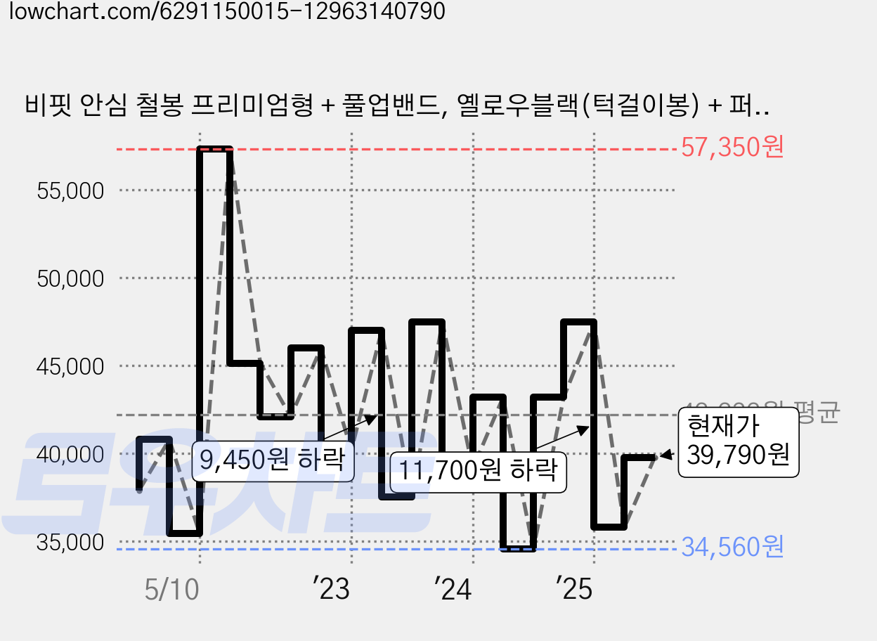 비핏 안심 철봉 프리미엄형 + 풀업밴드, 옐로우블랙(턱걸이봉) + 퍼플(밴드) 가격 변동 차트, 현재가 39,790원, 관측 최저가 34,560원