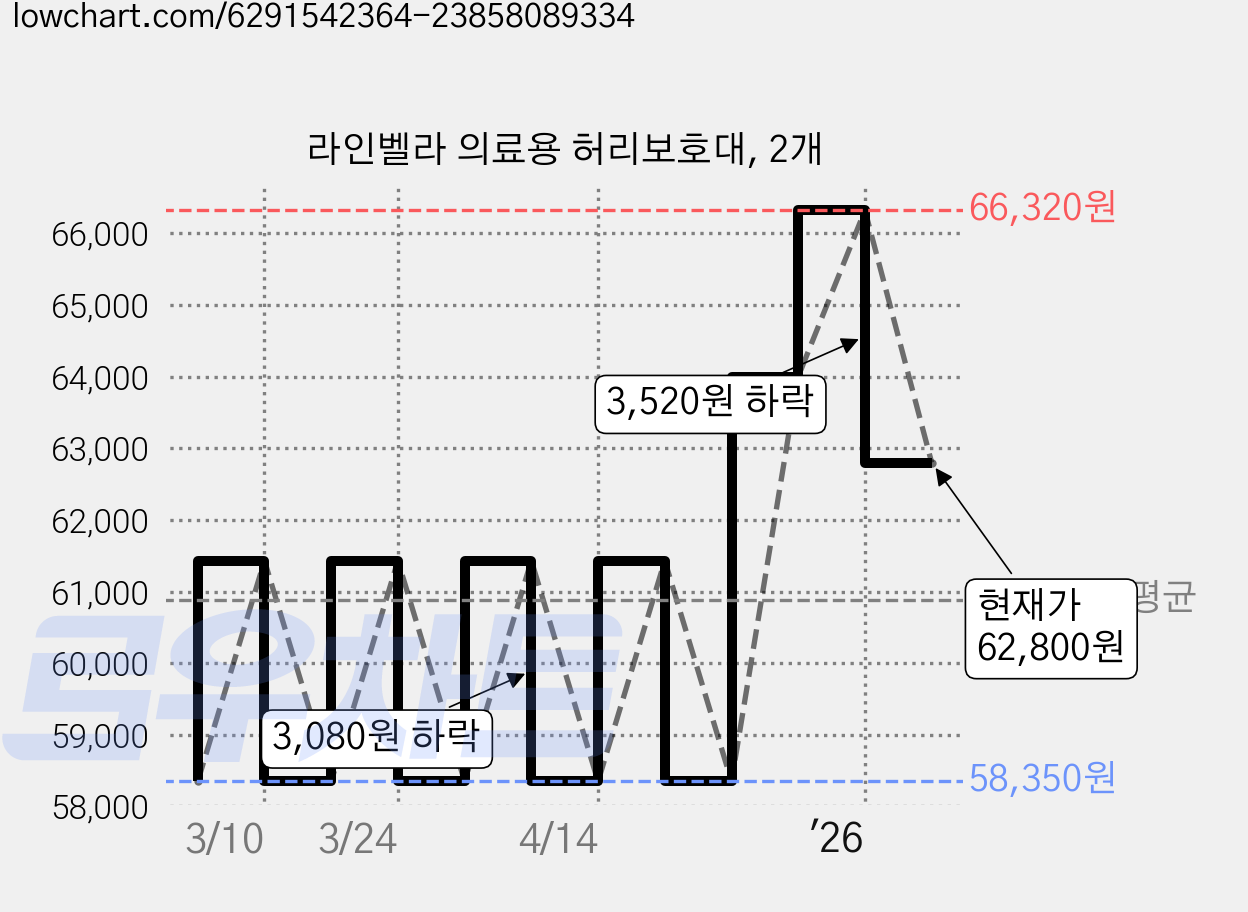 라인벨라 의료용 허리보호대, 2개 가격 변동 차트, 현재가 62,800원, 관측 최저가 58,350원