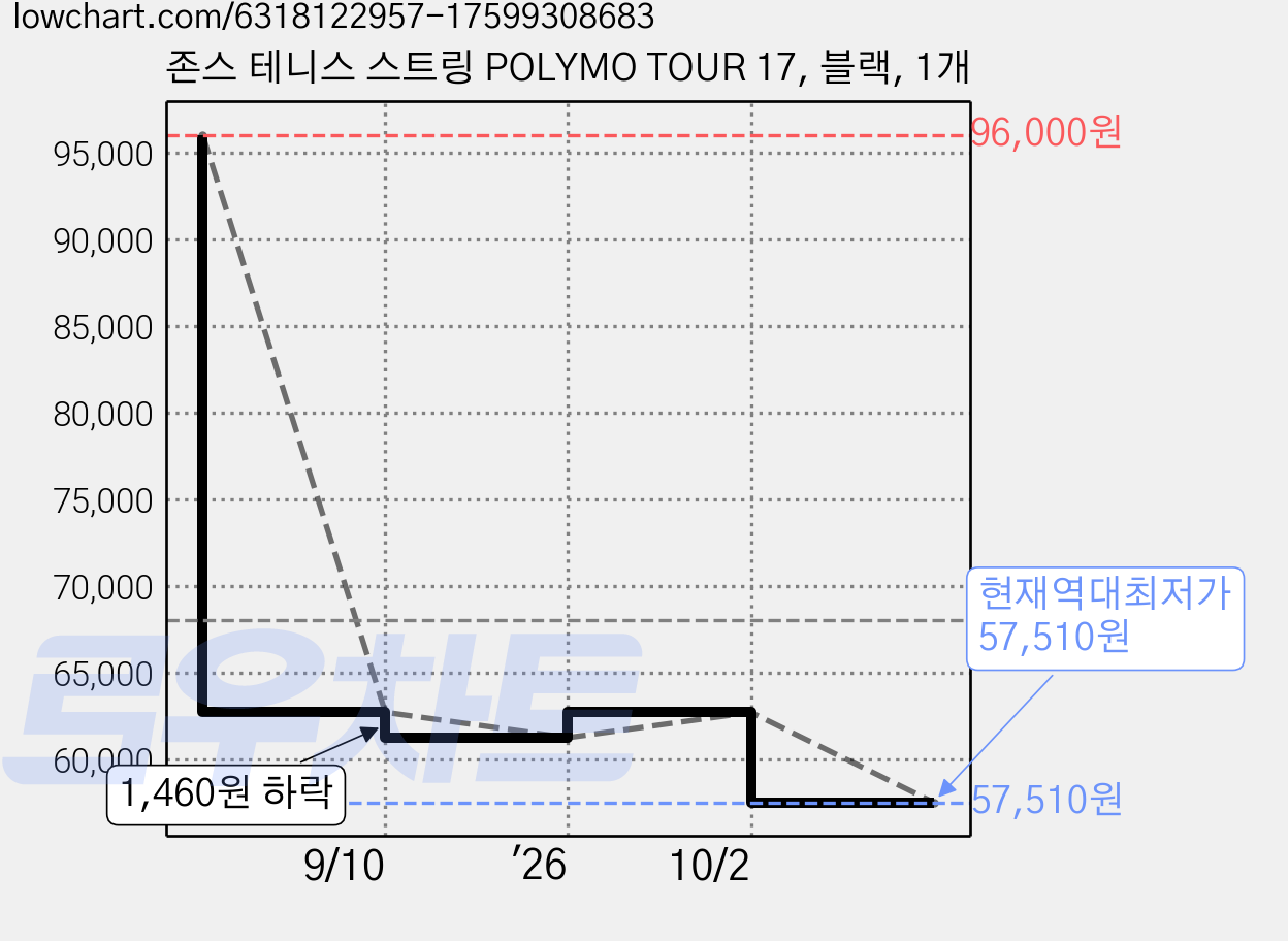 존스 테니스 스트링 POLYMO TOUR 17, 블랙, 1개 가격 변동 차트, 현재가 57,510원, 역대최저가